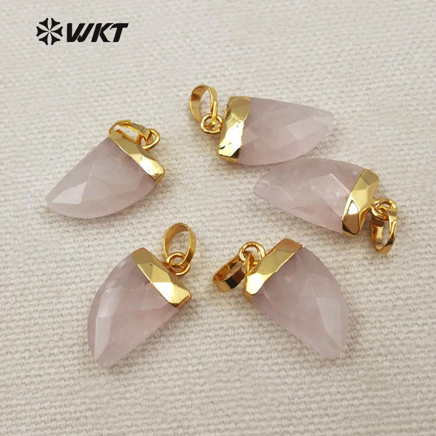 WT-P1269 WKT Wholesale Tiny Natural pink Jade 18k Real Gold Silver Plated Raw Rose Quartz Moon Pendant