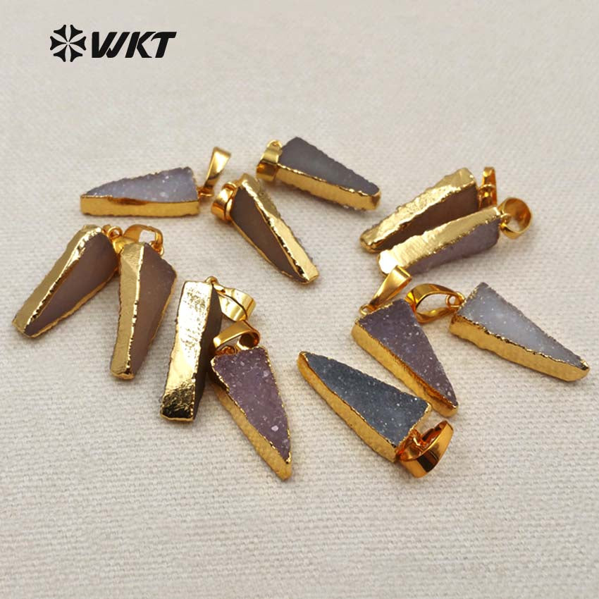 WT-P1276 WKT Wholesale Fashion New Natural Drusy Quartz 18k Real Gold Plated Charm Triangle Druzy Agate Pendant