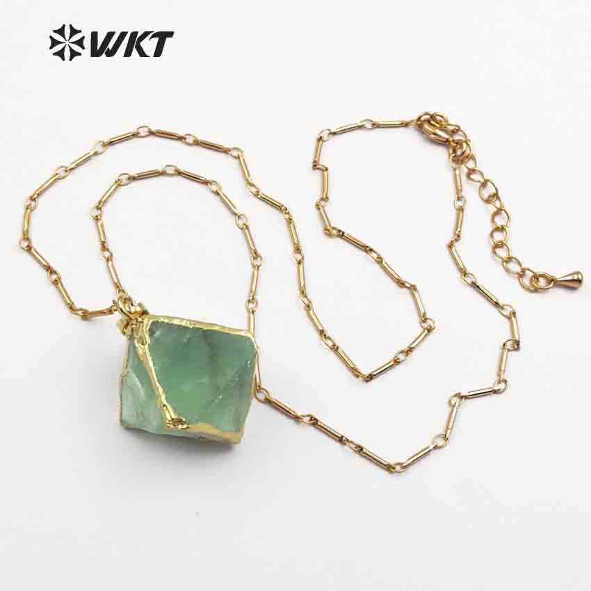 WT-N1142 Hot Sale Women Jewelry Amazing Natural Colorful Stone Faceted with Gold Trim High Quality rainbow Fluorite Necklace