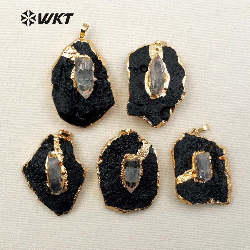 WT-P1284 WKT Wholesale New Fashion Free Form Stone 18k Real Gold Plated Smokey Quartz Charm Black Tourmaline Pendant