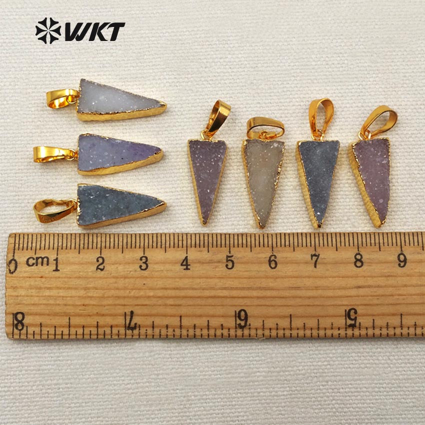 WT-P1276 WKT Wholesale Fashion New Natural Drusy Quartz 18k Real Gold Plated Charm Triangle Druzy Agate Pendant