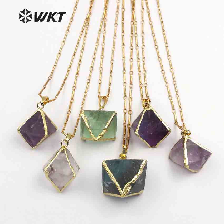 WT-N1142 Hot Sale Women Jewelry Amazing Natural Colorful Stone Faceted with Gold Trim High Quality rainbow Fluorite Necklace