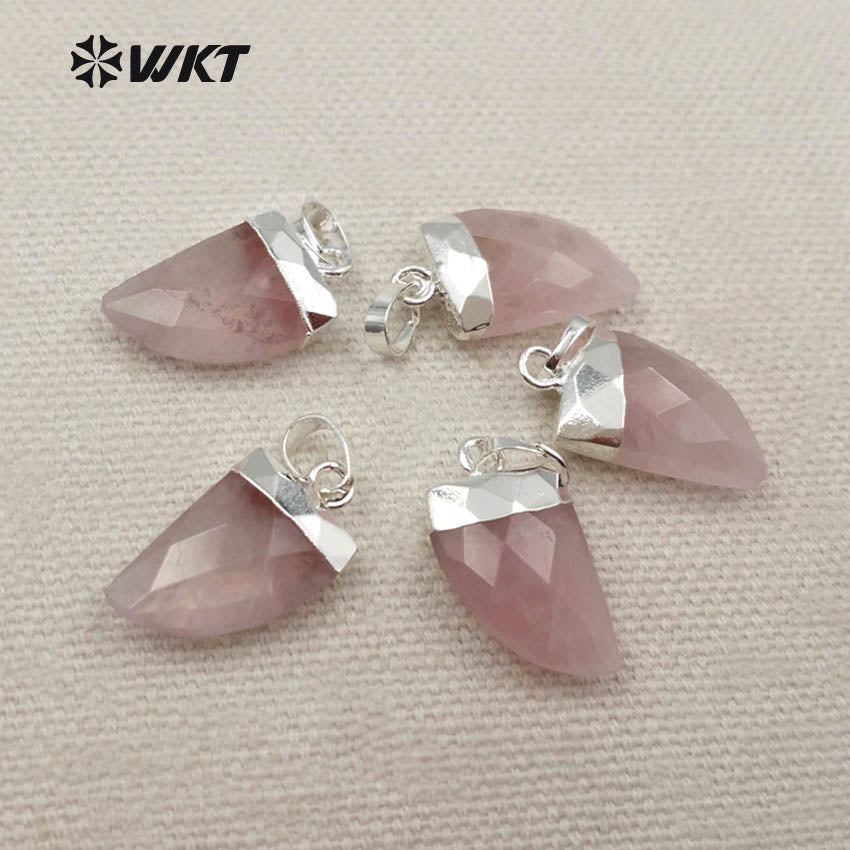 WT-P1269 WKT Wholesale Tiny Natural pink Jade 18k Real Gold Silver Plated Raw Rose Quartz Moon Pendant