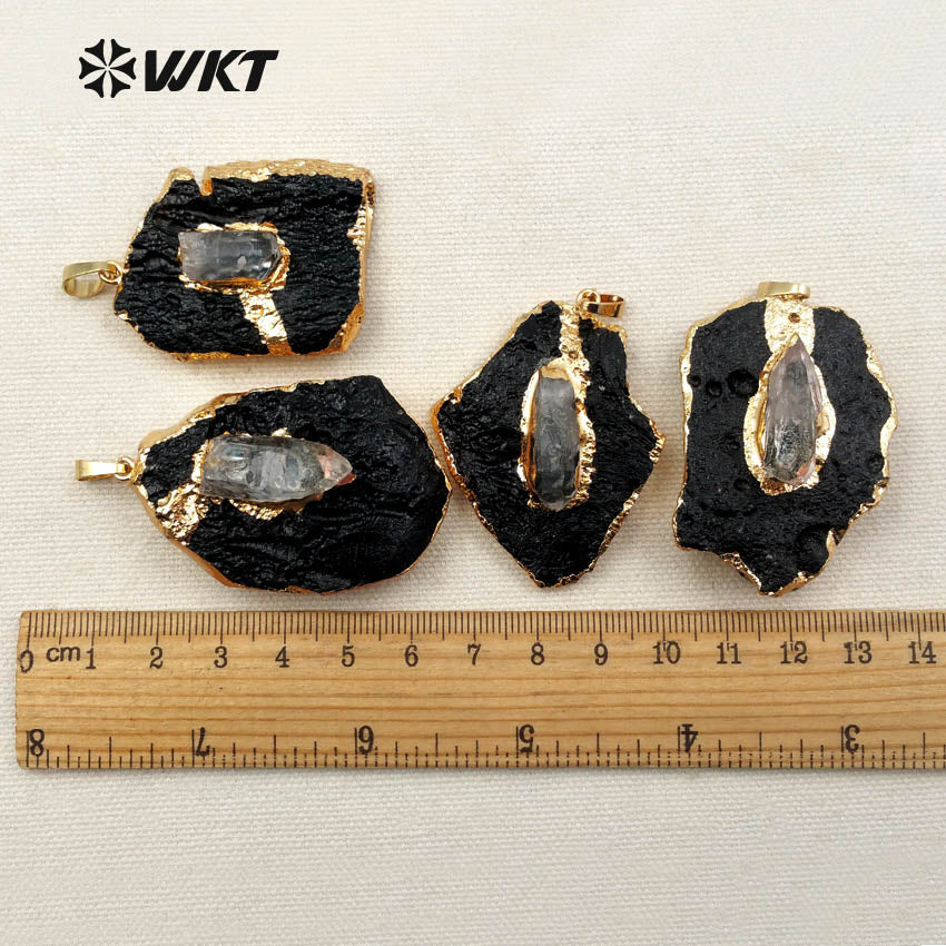WT-P1284 WKT Wholesale New Fashion Free Form Stone 18k Real Gold Plated Smokey Quartz Charm Black Tourmaline Pendant