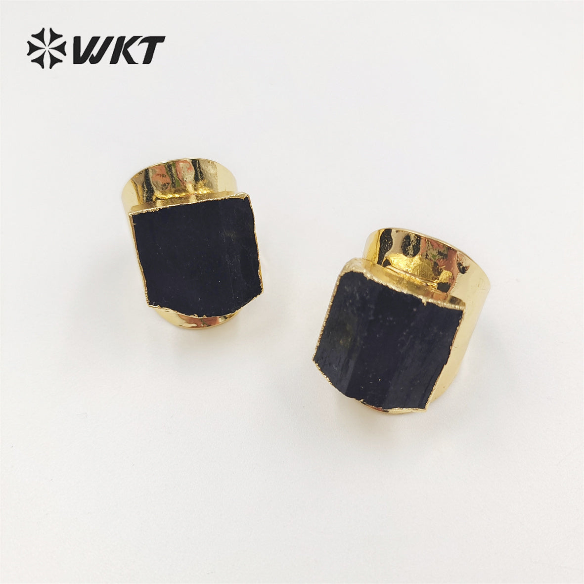 WT-R422 Women Beautiful Energy Black Tourmaline Stone Ring 18k Real Gold Plated Natural Stone Wide Birthday Gift Ring