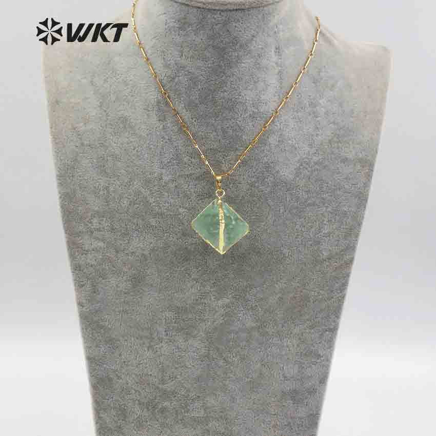 WT-N1142 Hot Sale Women Jewelry Amazing Natural Colorful Stone Faceted with Gold Trim High Quality rainbow Fluorite Necklace