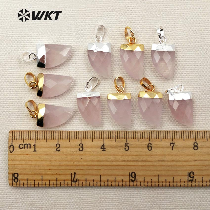 WT-P1269 WKT Wholesale Tiny Natural pink Jade 18k Real Gold Silver Plated Raw Rose Quartz Moon Pendant
