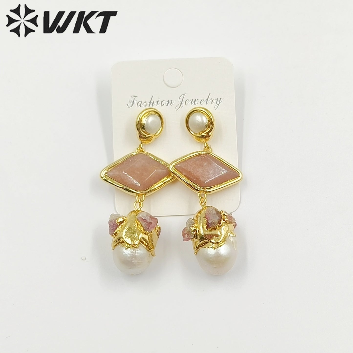 WT-MPE101 Latest Style Freshwater Pearl Aquamarine Sun Stone 18k Gold Plated Gift Weeding Romantic Pendant Earrings