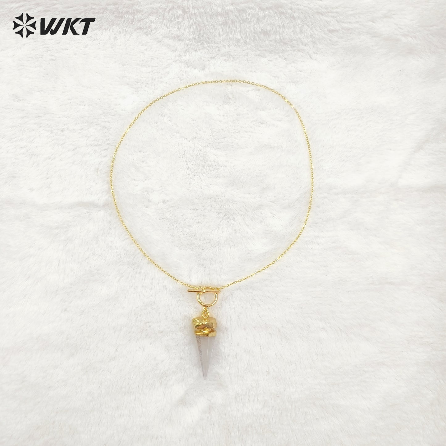 WT-N1463 Wholesale Fashion 18K Real Gold Plated Natural Crystal Quartz Point Energy Healing Bullet Stone Necklace