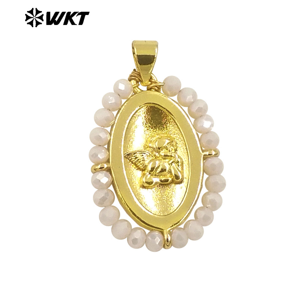 WT-MN994 2024 New Popular Gold Plated With Handmade Crystal Wire Wrapped Beads Around Angel Medal Christian Jewelry Necklace