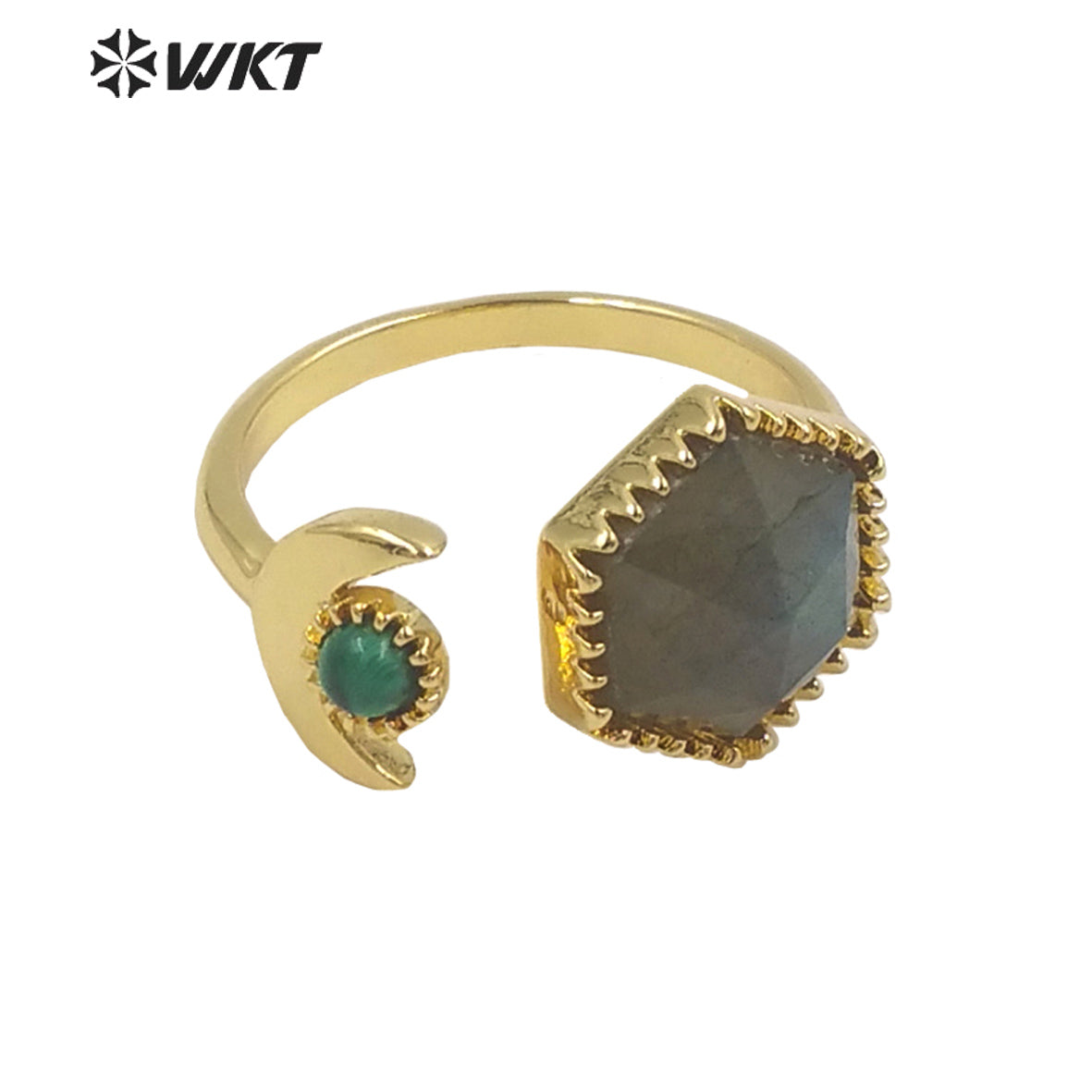 WT-R426 Delicate Fashion Gold Open Size Double Stone Ring Natural Gemstone Hexagon Double Stone Gold Bezel Ring for Girls