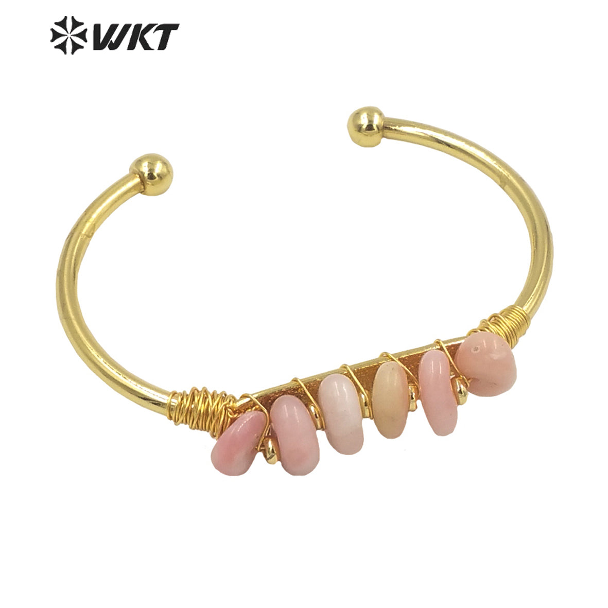 WT-B580 WKT Lovely Popular Gold Electroplated Open Size Cuff Bangle Women Bohemian Natural Gemstone Beads Wire Wrapped Bangle