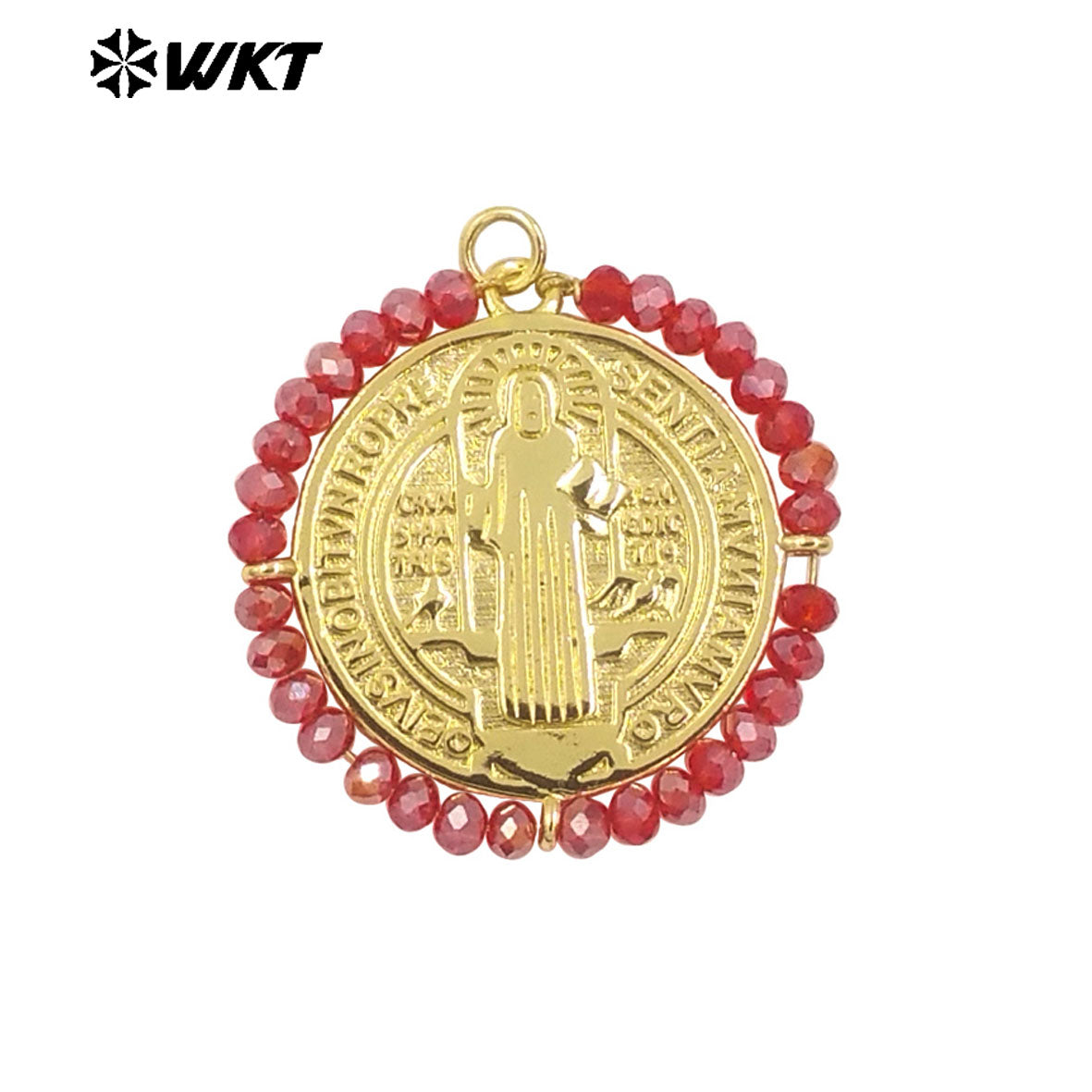 WT-MN991 Fashion Popular Women Wire Wrapped Brass 18K Gold St Benedict Medal Necklace With Crystal Decorate Religious Jewelry