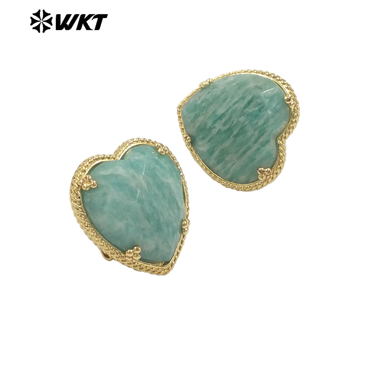 WT-E787 Newest Romantic Design Natural Gemstones Heart Studs Shape Amazonite Stone Gold Plated Women Lovely Jewelry Earrings