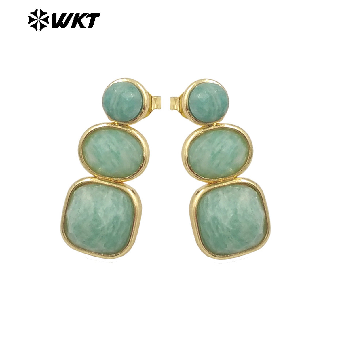 WT-E754 WKT Precious Triple Stone Assemble Handmade Setting Natural Amethyst Lapis Long Dangle Geometric Lady Earrings