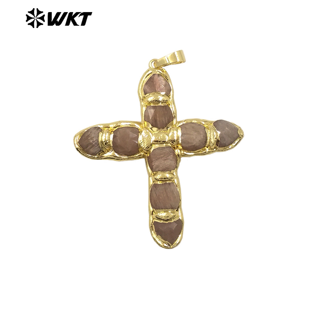 WT-P2005 Wholesale Beautiful Gemstone Religious Pendant Natural Rose Quartz With 18K Gold Plated Cross Shape for Necklace Making