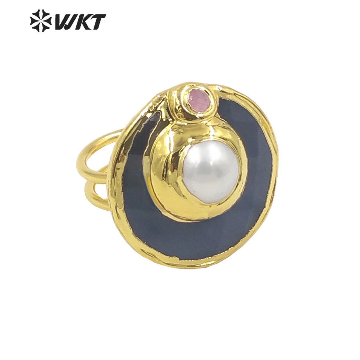 WT-R401 Natural Gemstone Lovely Fashion Cat Eye Ring with Pearl Crystal Colorful Round Ring 18k Gold-plated Women Gemstone Ring
