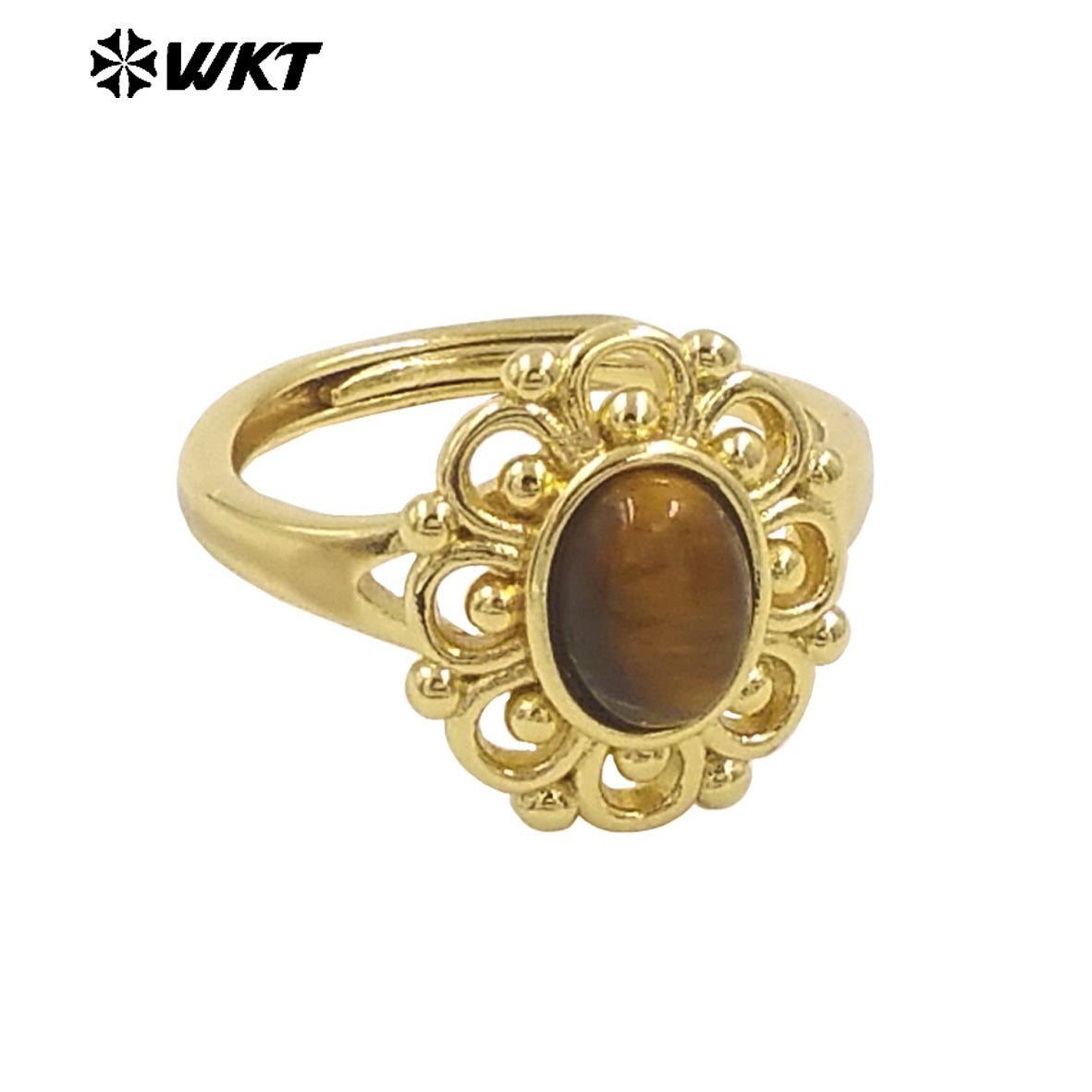 WT-R537 Wholesale Fashion 18K Real Gold Plated Round Hollow Flower Shape Design Natural Stone Ring for Women