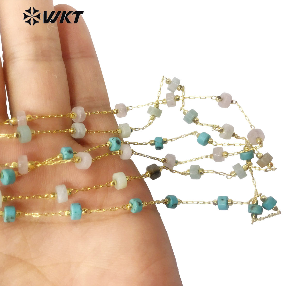 WT-RBC135 Fashion Accessory Stone Beads Chain 6mm Natural Stone Beads Rosary Necklace Chain Gold Plated Jewelry Beads Chain