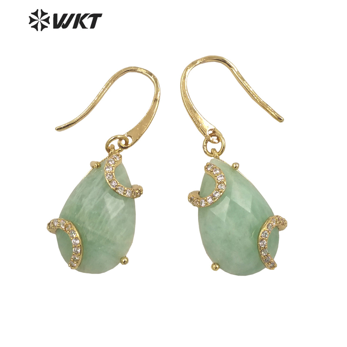 WT-E688 Wholesale Fashion Gold Prong Setting Natural Teardrop Stone Earrings Gorgeous Faceted Gemstone Micropaved Pear Earrings