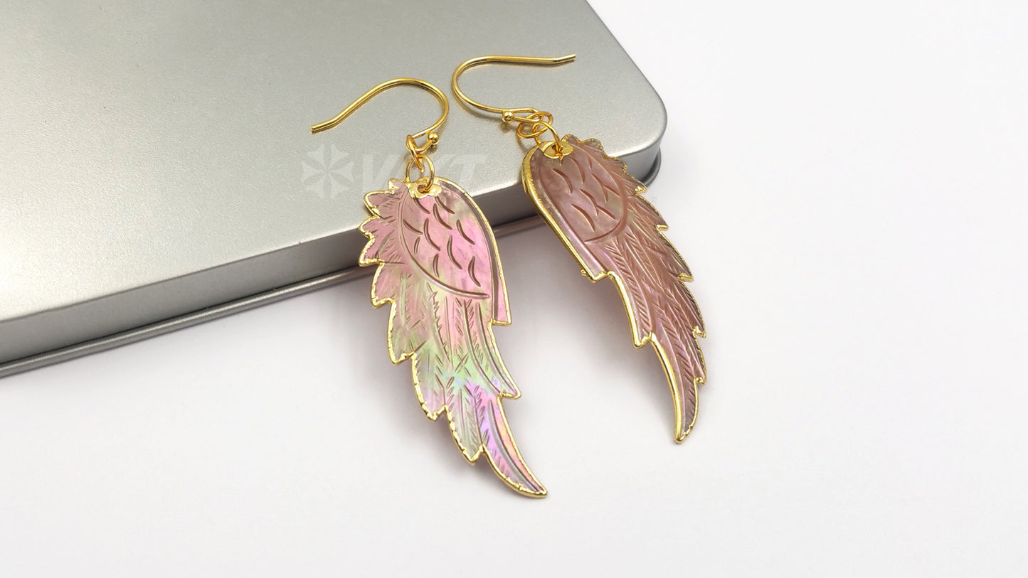 WT-E242 Newest Gorgeous Natural Genuine Abalone Shell Feather Earrings 18K Gold Dipped Carved Shell Feather Earrings