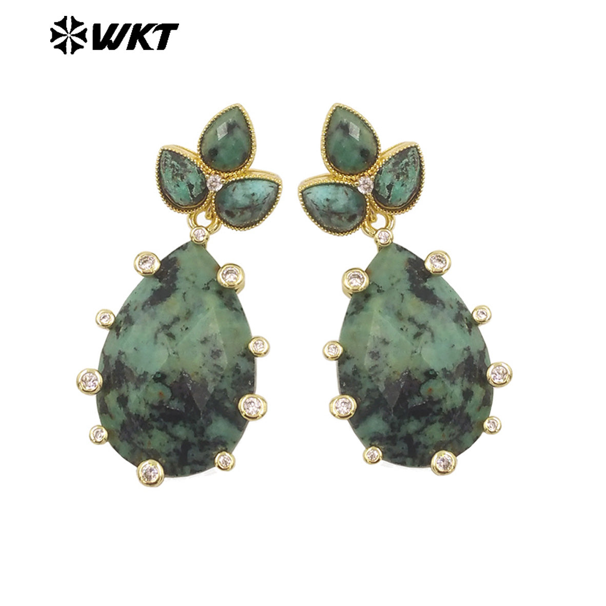 WT-E756 Gorgeous Precious Natural Amazonite Amethyst Gemstone Carved Long Teardrop Earrings With Zircon Around Trend Style