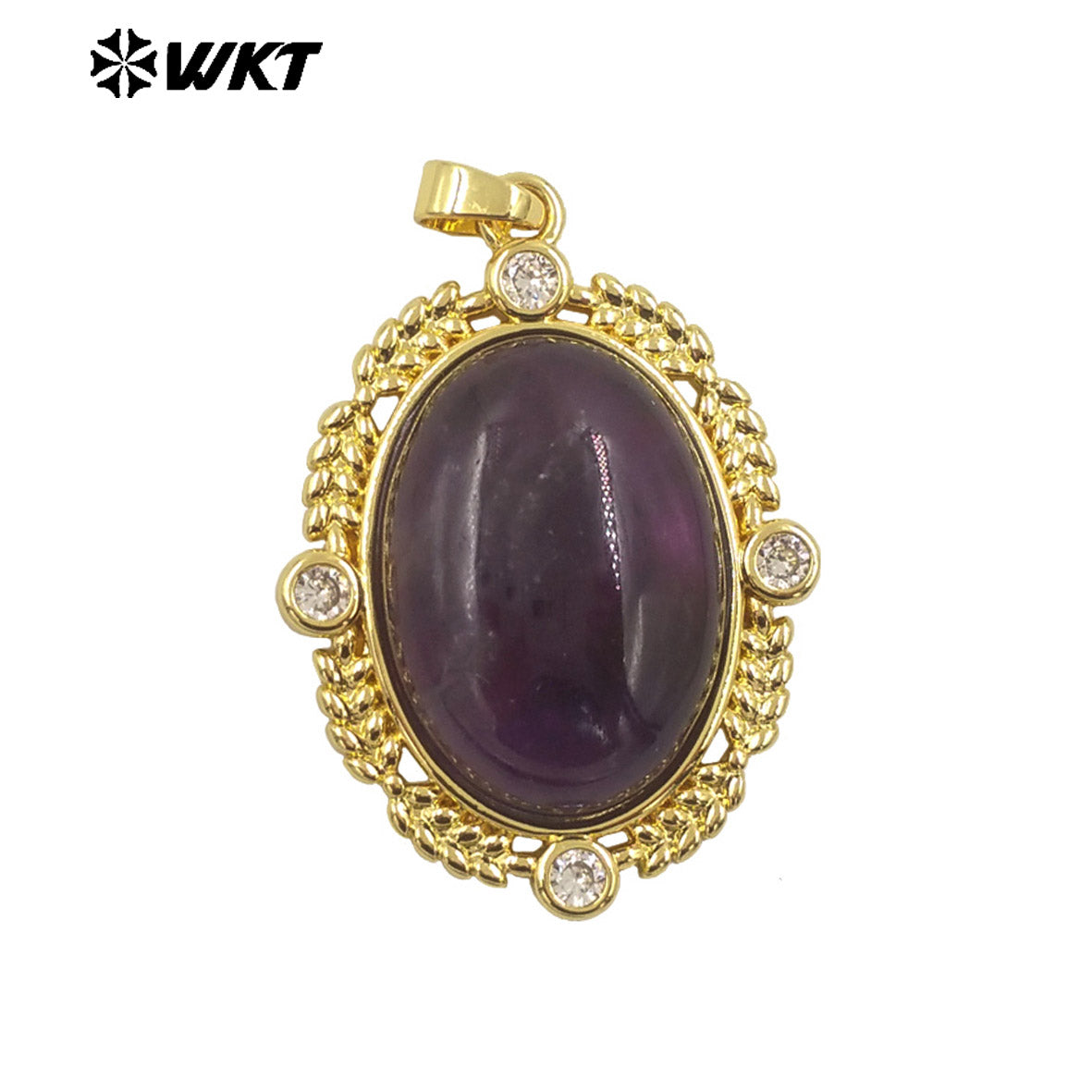 WT-P1985 Wholesale Fashion Gold Bezel Setting With Zircon Around Natural Oval Rose Quartz Stone Pendant for Necklace