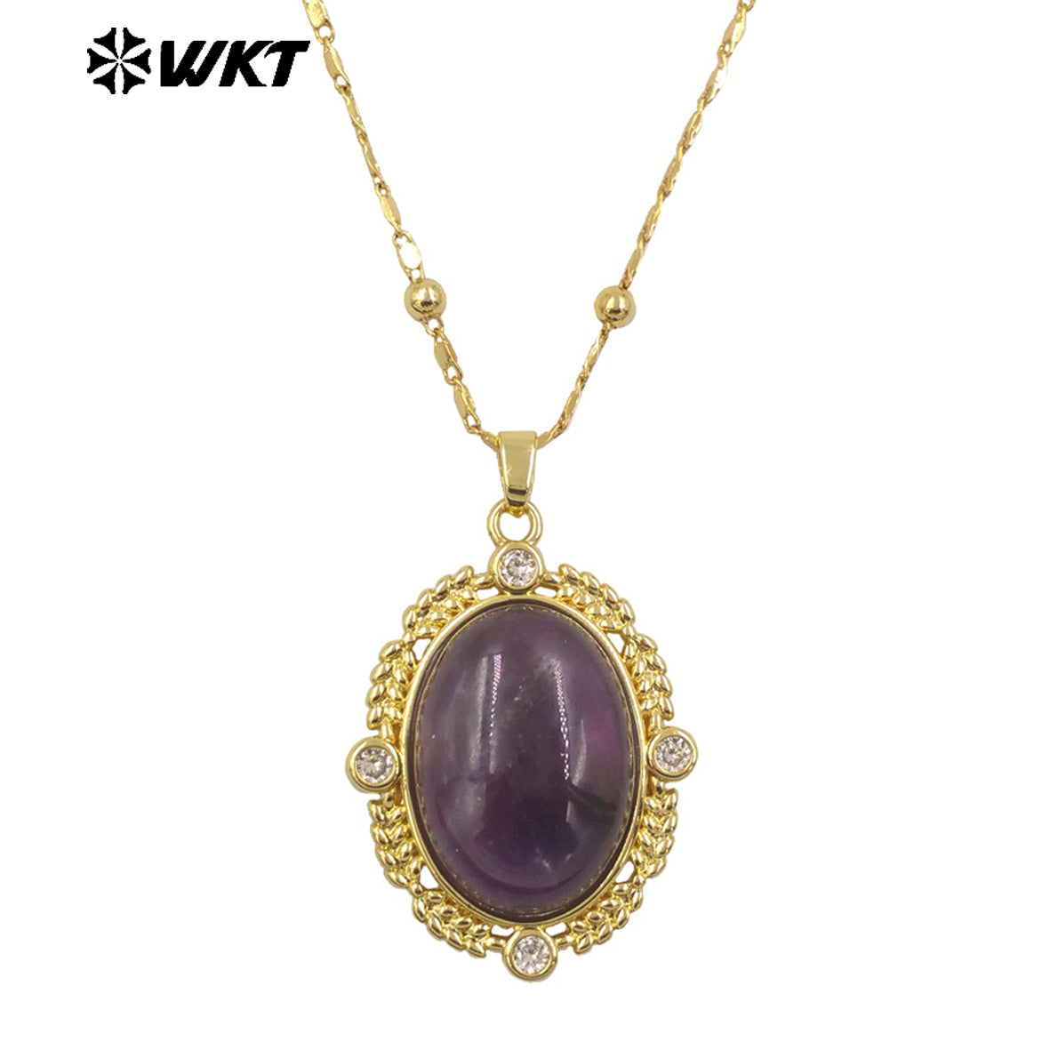 WT-N1474 Amazing 18K Real Gold Plated Resist Tarnishable Natural Gemstone Bezel Setting Oval Shape With Zircon Stone Necklace