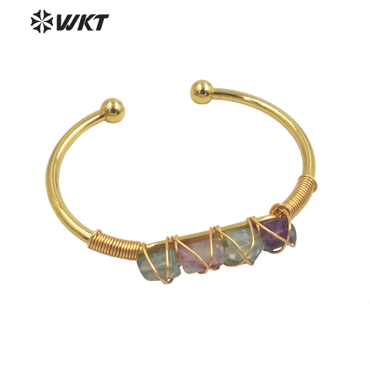 WT-B615 Wholesale New Women Handmade Wire Wrapped Natural Gemstone Cuff Bangle in Open Size Boho Stone Bangle for Friends
