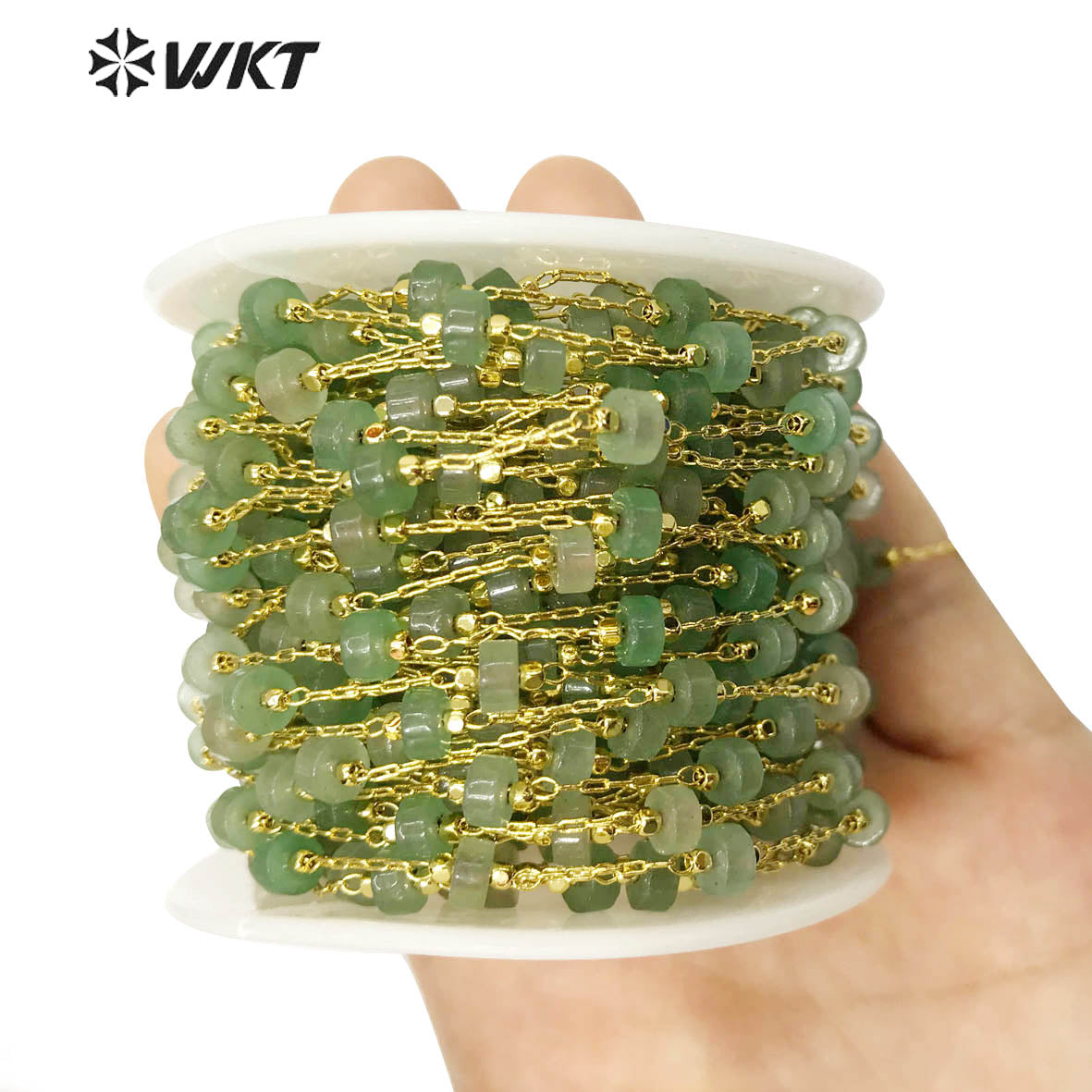 WT-RBC133 Stylish Accessory Stone Beads Chain 6mm Natural Stone Beads Rosary Necklace Chain Gold Plated Jewelry Beads Chain
