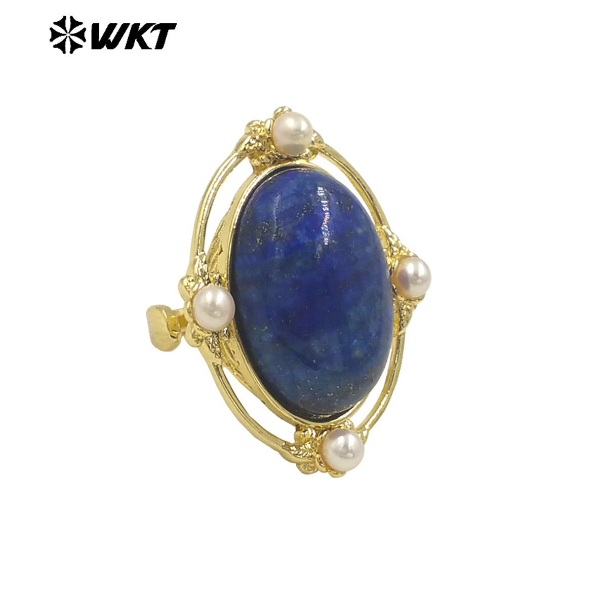 WT-R541 Wholesale Fashion Gold Plated Retro Natural Gemstone Lapis Amethyst Oval Stone With Pearl Beads Adjustable Women Ring
