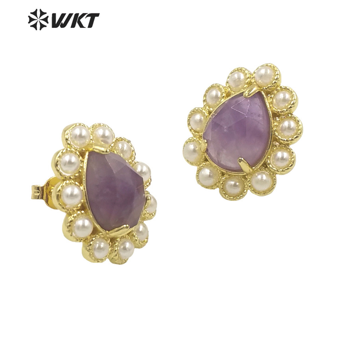 WT-MPE124 Charming Drop Natural Gemstone Made With Artificial Pearl Gold Bezel Setting Women Earring Studs