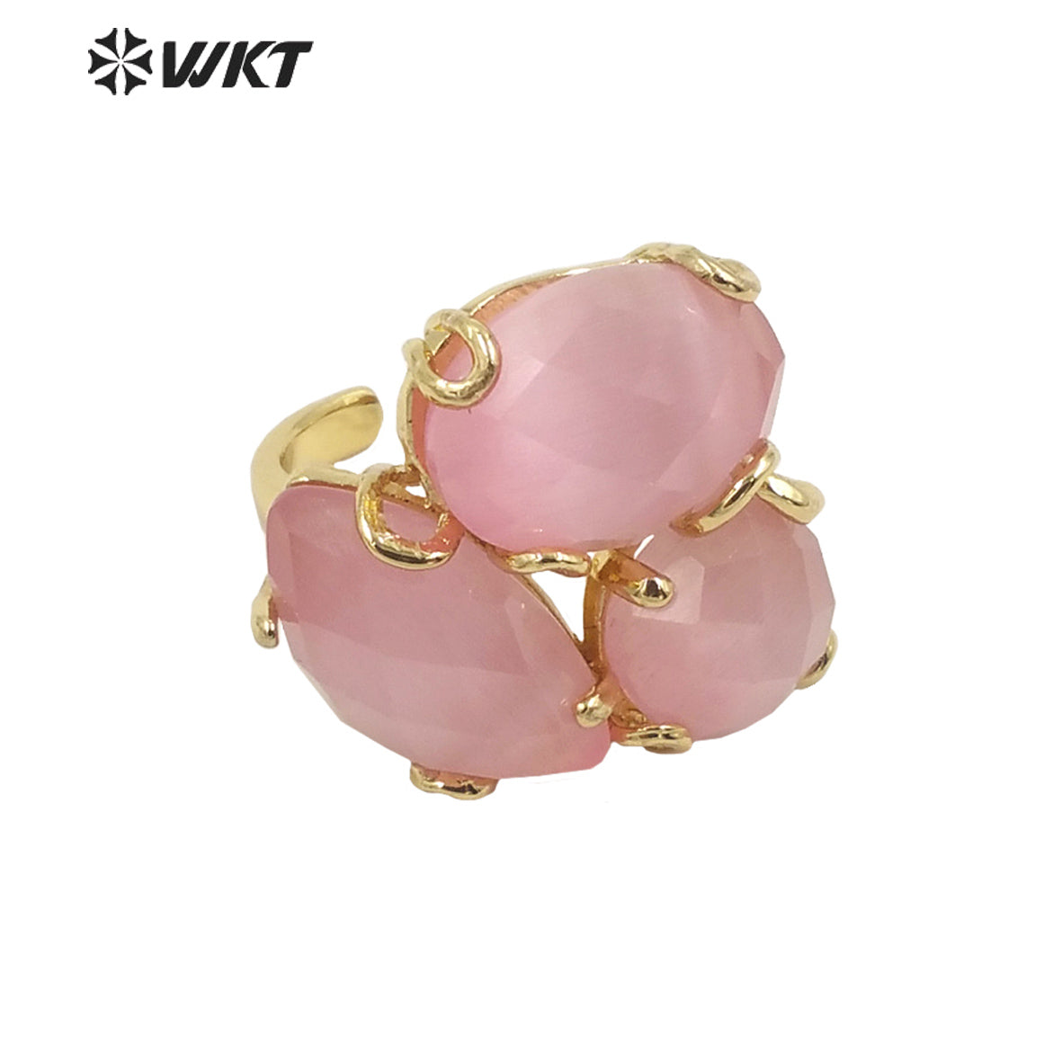 WT-R420 Europe Court style colorful Cat Eye stone Ring 18k real gold plated triple stone Flower Ring with Prong setting