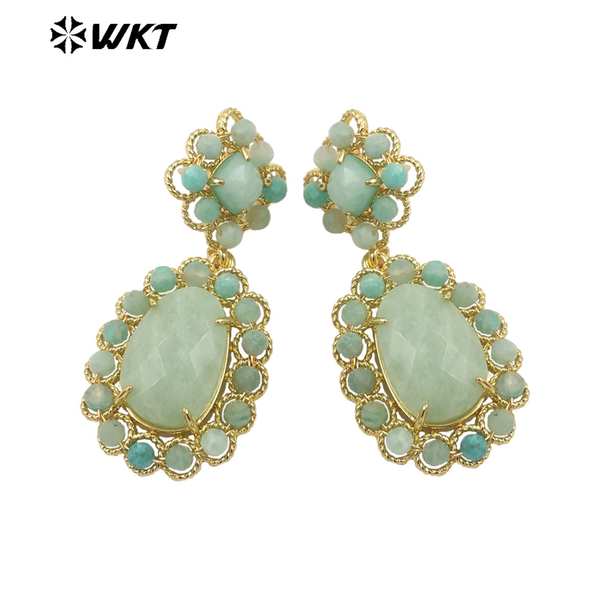 WT-E724 WKT Precious Natural Gemstone Carved with Wire Wrapped Tiny Stone Beads Made Earrings Charming Gorgeous Lapis Earrings