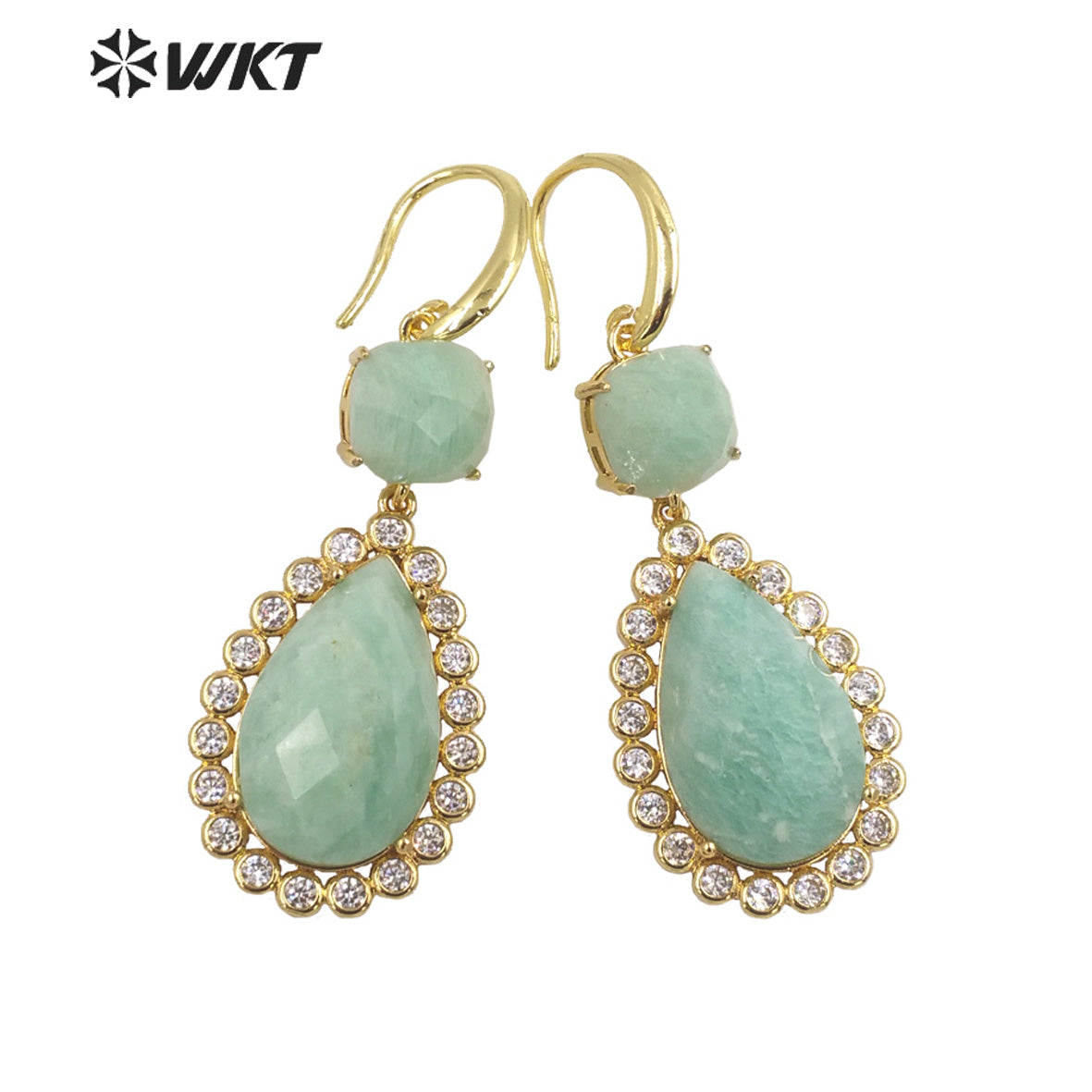 WT-E697 Wholesale Fashion Micropaved Cubic Zircon Setting Stone Earrings Attractive Long Drop Gemstone Hoop Earrings for Gift