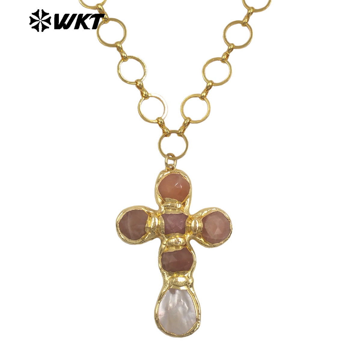WT-JN374 Factory Wholesale Metal Chain With Natural Gemstone And White Shell Cross Pendant Necklace As Girl Daily Jewelry