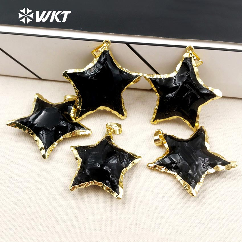 WT-P1323 High Quality 24k Real Gold Plated Black Obsidian Pendant With Star Shape Hot Fashion Gift for Women