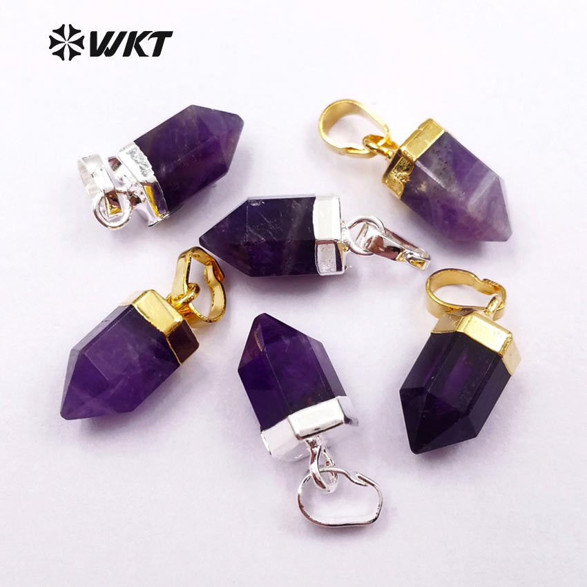 WT-P1333 WKT Wholesale Fashionable Bullet Shape Tiny Elegant 24k Real Gold Silver Plated Purple Amethyst Pendant