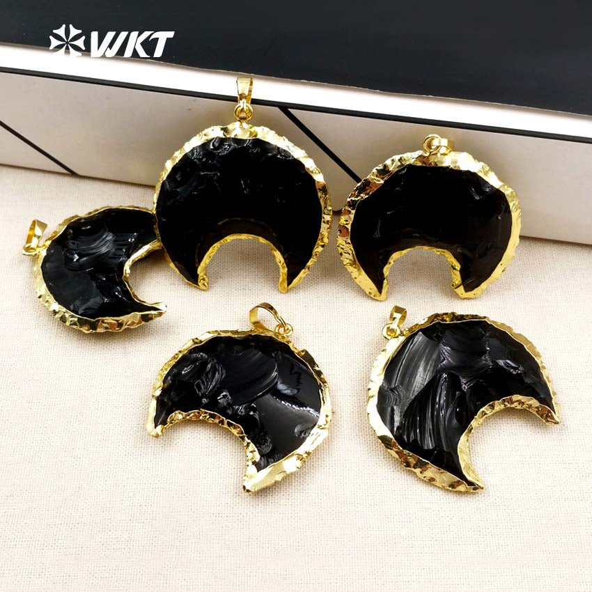 WT-P1322 Amazing Handmade Handmer Natural Raw Black Obsidian Crescent Horn Moon Stone Pendant With 18k Real Gold Plated