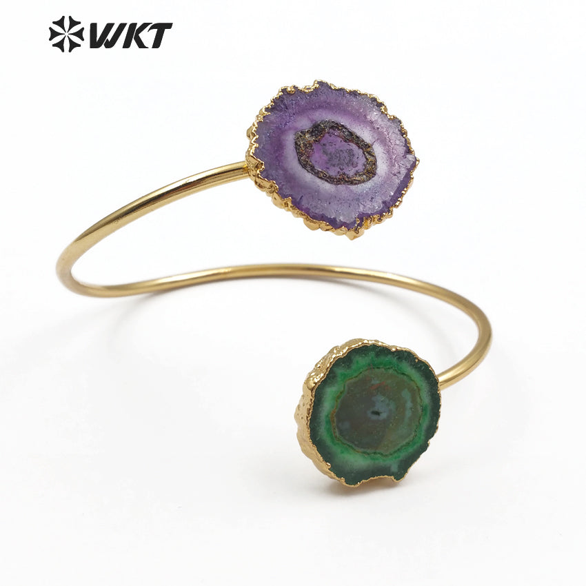 WT-B439 Woman Jewelry Double Quartz With Gold Bezel Fashion Cuff Size Can Adjust Colorful Natural Stalactite Quartz Bracelet