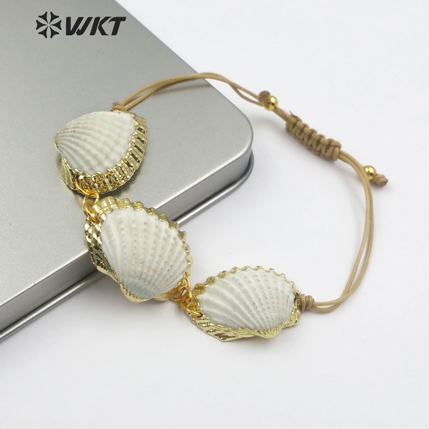 WT-B442 Handmade Natural Seashells With Gold-plated Edge for Summer Wear Adjustable Fan-shaped White Scallop Shell Bracelet