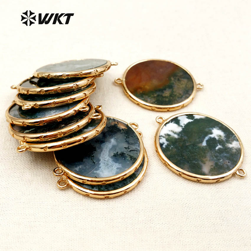 WT-C233 Wholesale Fashionable Round Shape Jewelry Emerald-slice Connector with Jasper Agate 24K Plated Connector