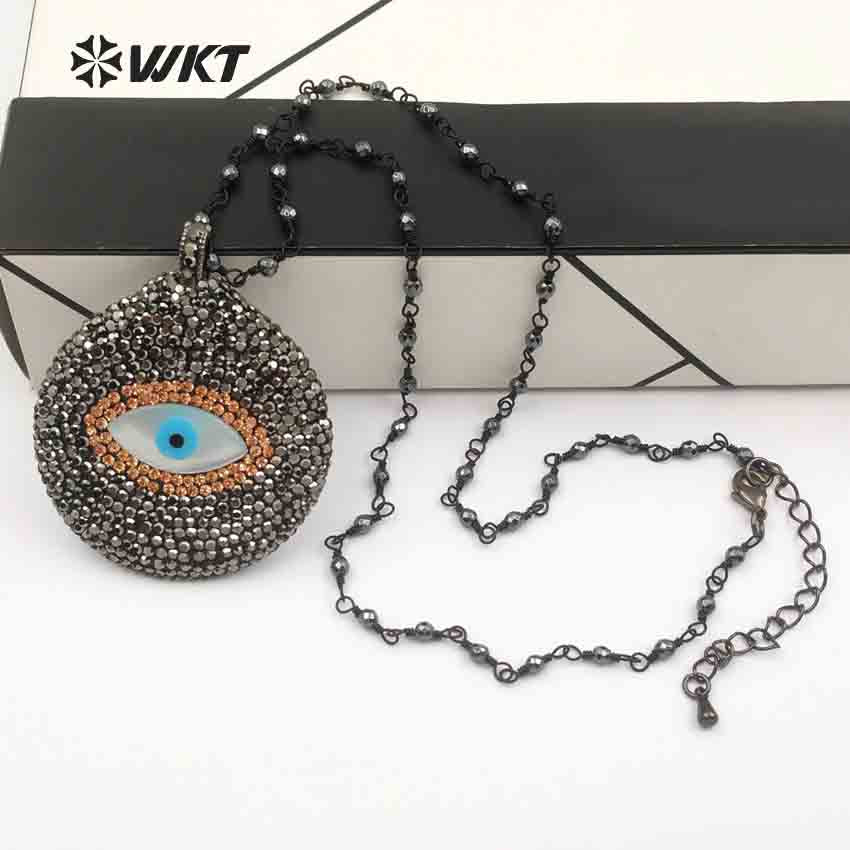 WT-NV214 Wholesale New Arrival Elegant Round Shape Hematite Beads Rosary Chain Jewelry CZ Rhinestone Pave Pendant Necklace