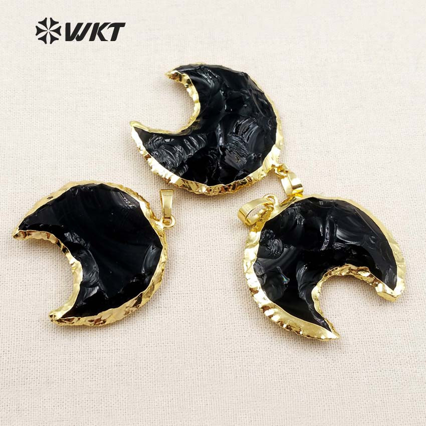WT-P1322 Amazing Handmade Handmer Natural Raw Black Obsidian Crescent Horn Moon Stone Pendant With 18k Real Gold Plated