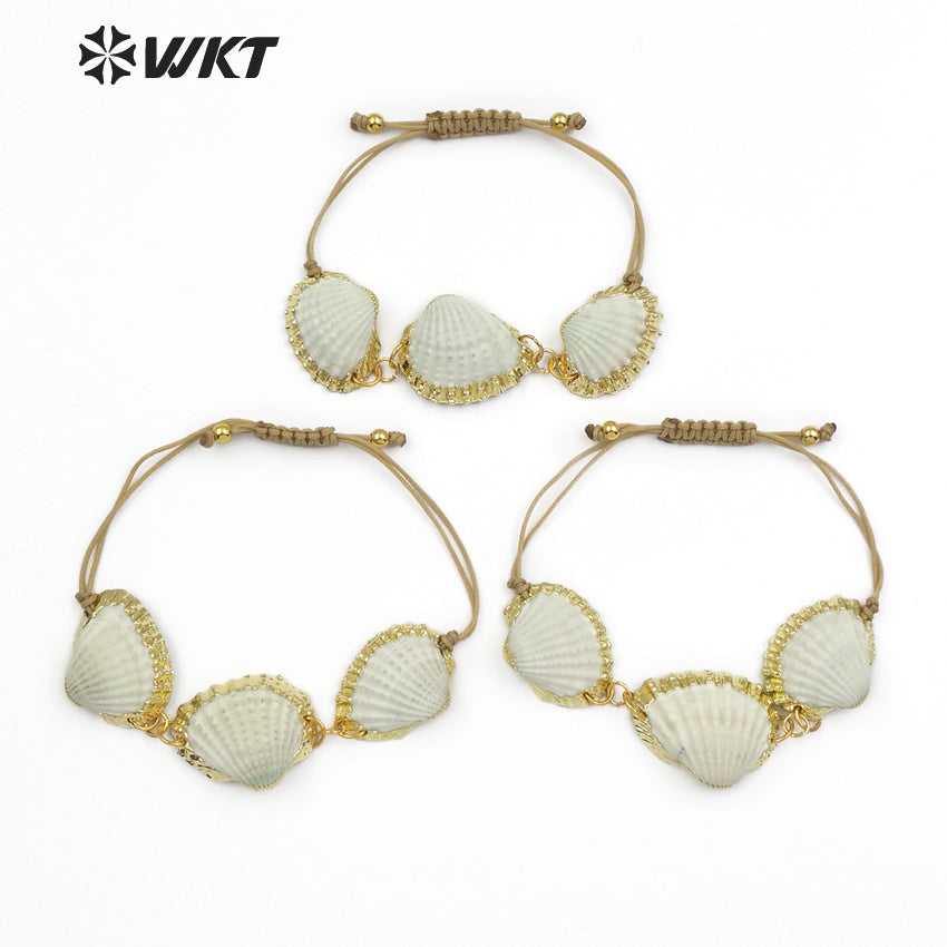 WT-B442 Handmade Natural Seashells With Gold-plated Edge for Summer Wear Adjustable Fan-shaped White Scallop Shell Bracelet