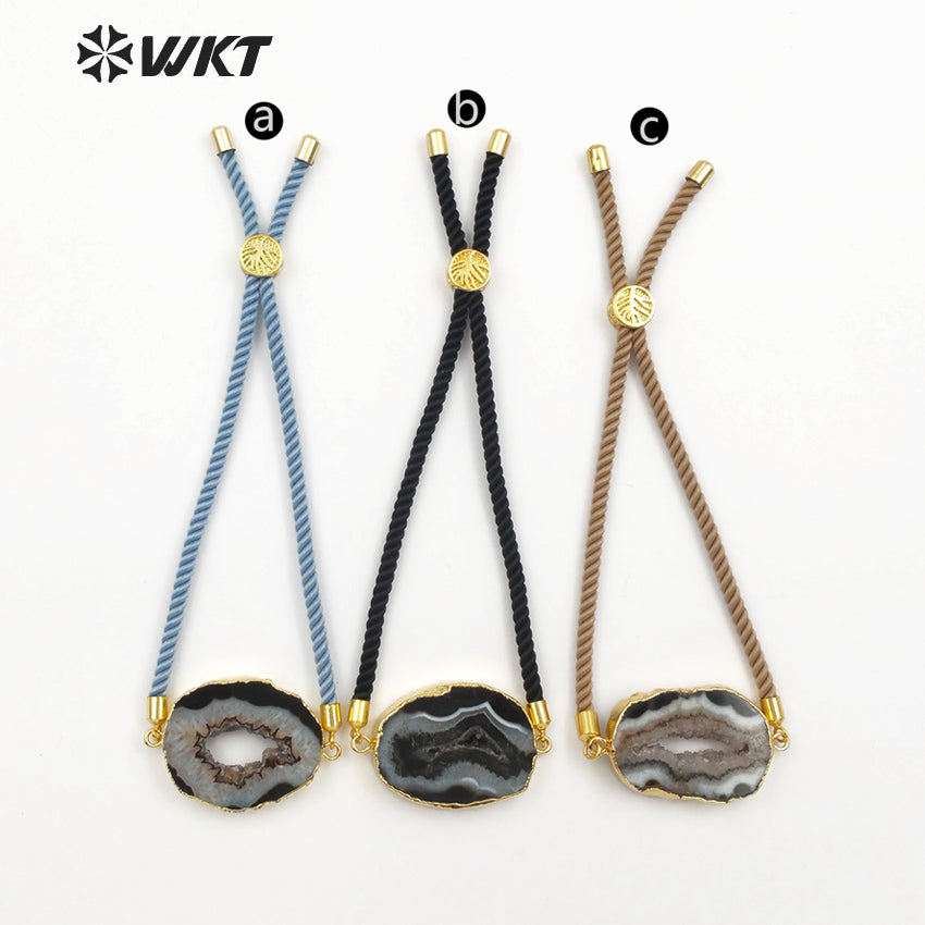 WT-B438 Women's Boho Adjustable Pendant in Black and Grey Color Raw Stone With Gold Trim Natural Geode Druzy Stone Bracelet