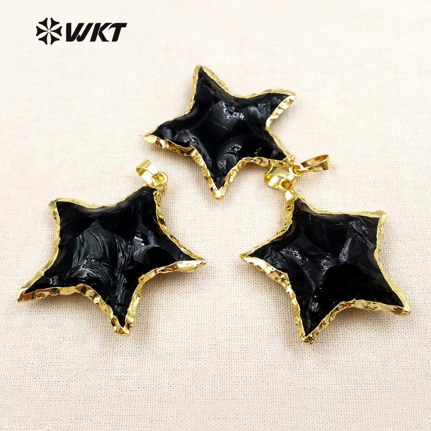 WT-P1323 High Quality 24k Real Gold Plated Black Obsidian Pendant With Star Shape Hot Fashion Gift for Women