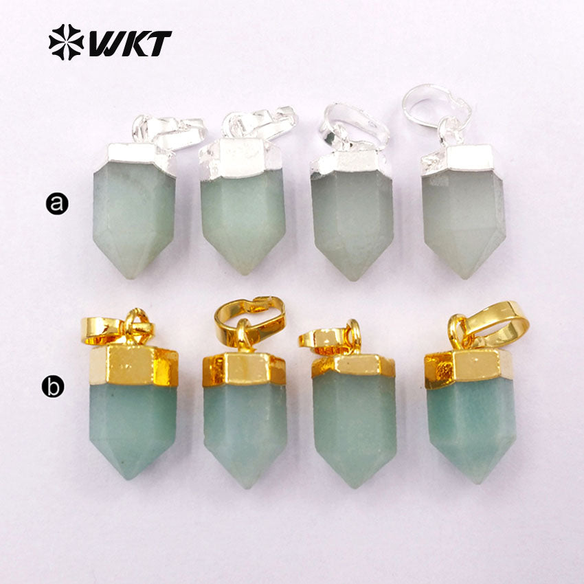 WT-P1328 WKT Wholesale Small Bullet Point Tiny Multiply Gemstone Real Gold Silver Plated Natural Raw Green Chalcedony Pendant