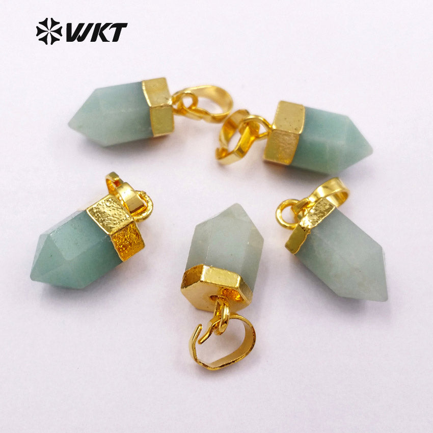 WT-P1328 WKT Wholesale Small Bullet Point Tiny Multiply Gemstone Real Gold Silver Plated Natural Raw Green Chalcedony Pendant