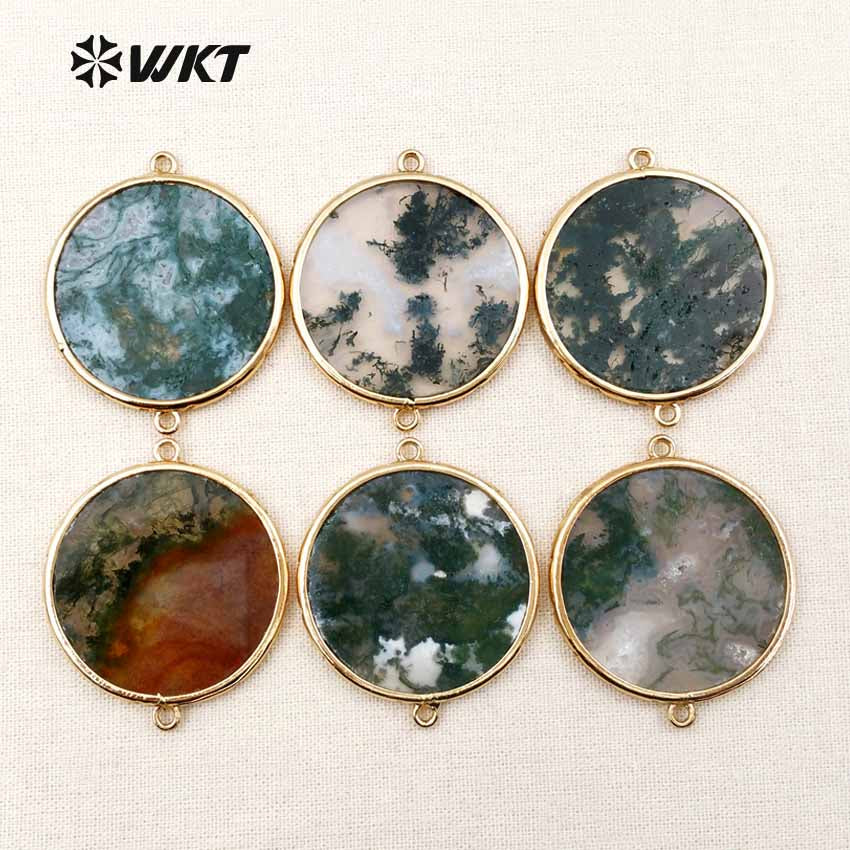 WT-C233 Wholesale Fashionable Round Shape Jewelry Emerald-slice Connector with Jasper Agate 24K Plated Connector
